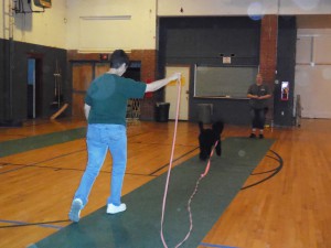 A trainer holding the leash as the owner calls the dog.